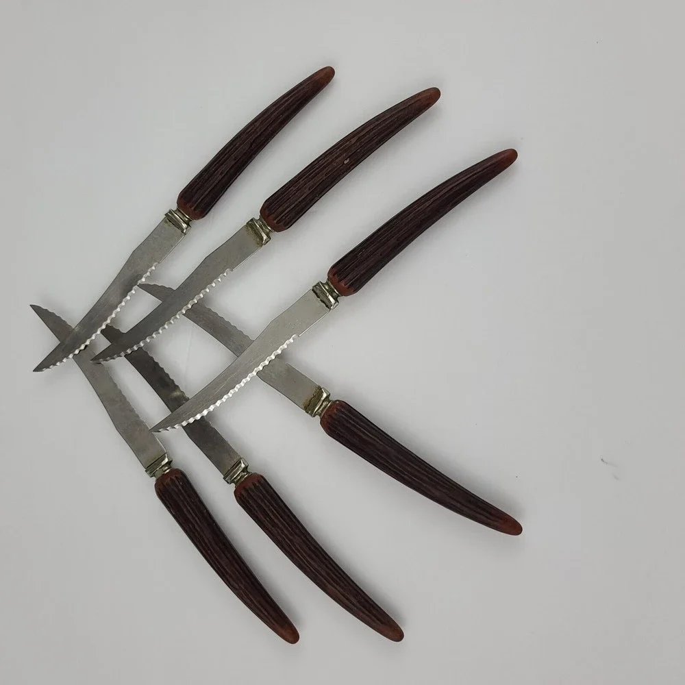 6 Vtg Regal Crest Steak Knives Sheffield England Stag Type Handles Stainless
